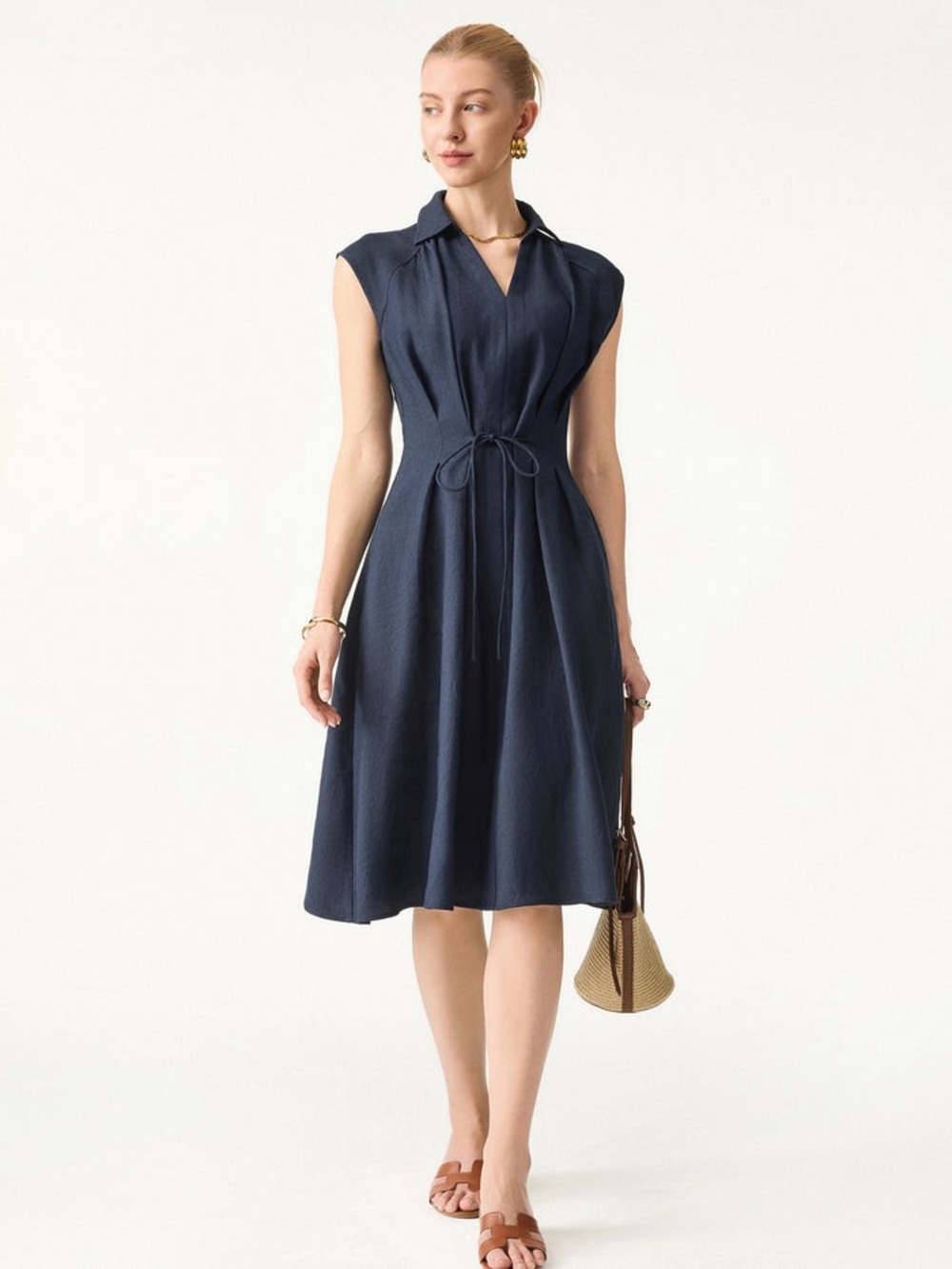 OGL Viscose-Linen Collared V-neck Midi Dress w/ Drawstring in Denim Navy Medium